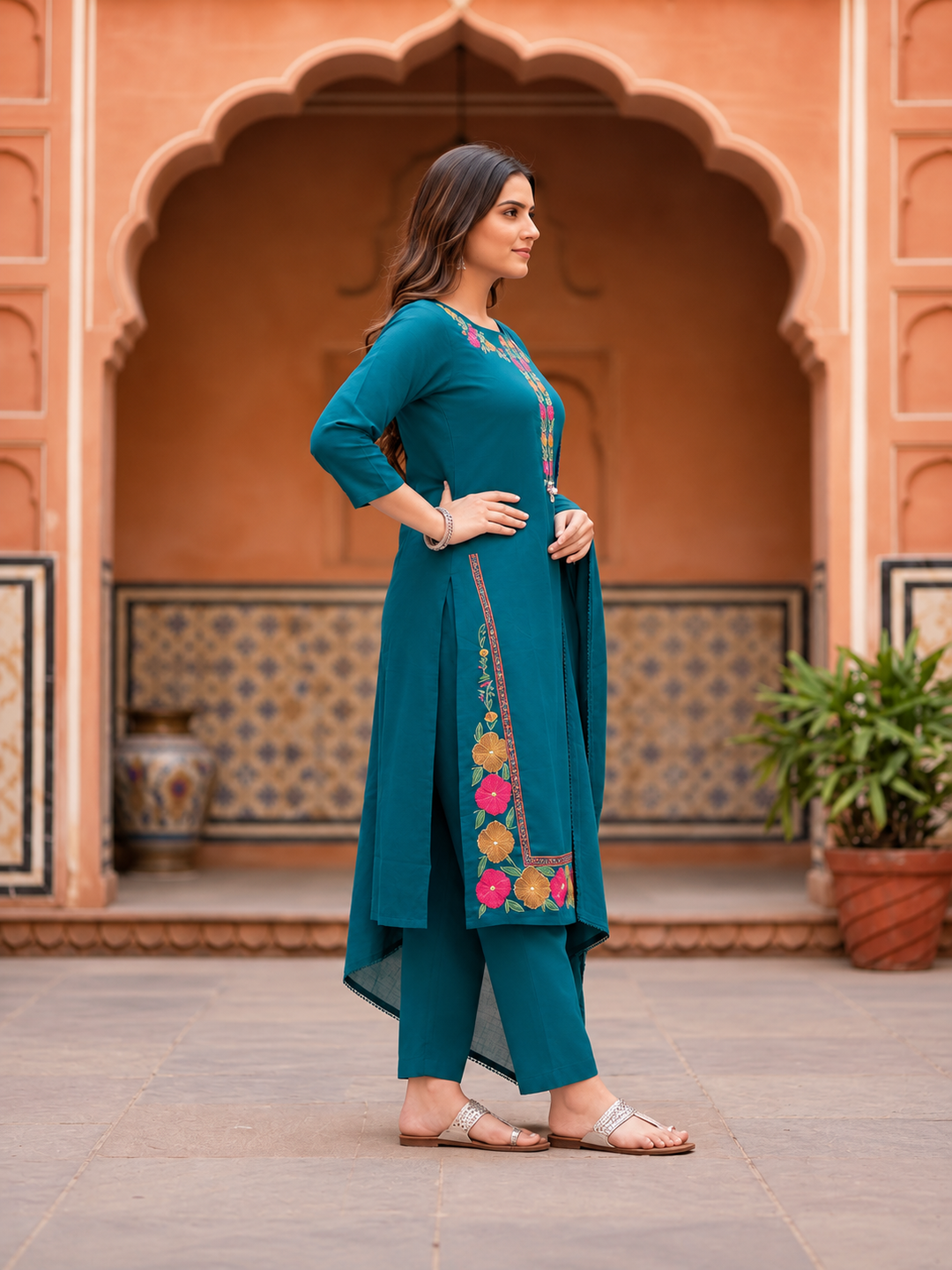 Teal Cotton Kurta Set with Floral Thread Embroidery, Pant & Dupatta