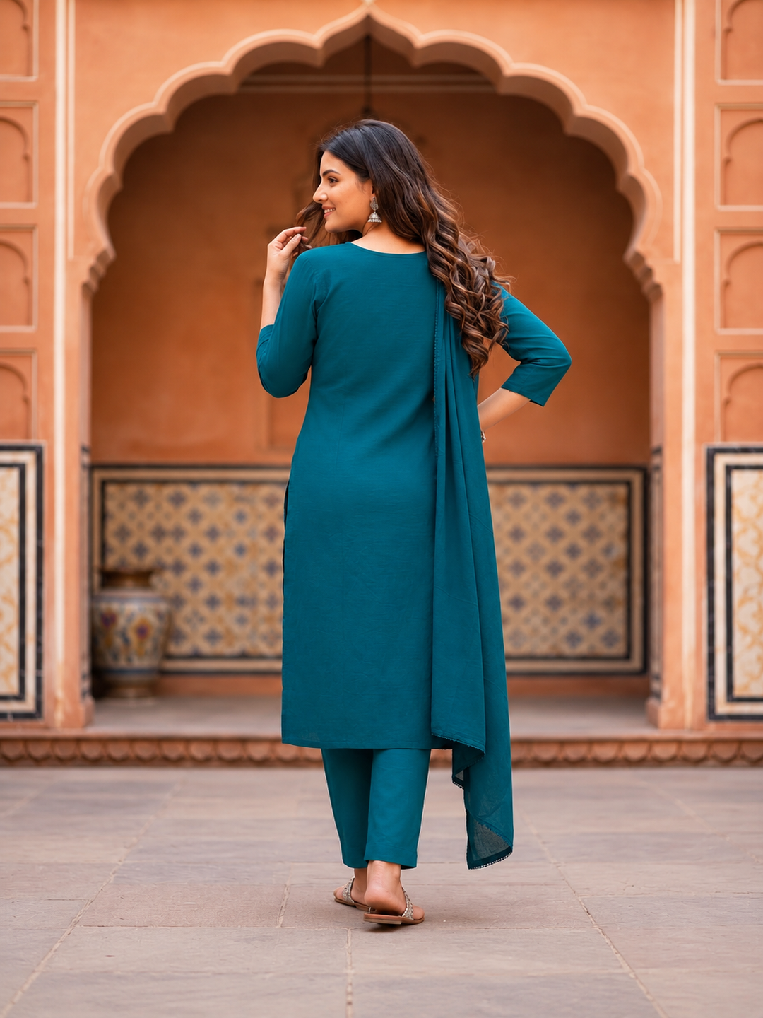 Teal Cotton Kurta Set with Floral Thread Embroidery, Pant & Dupatta
