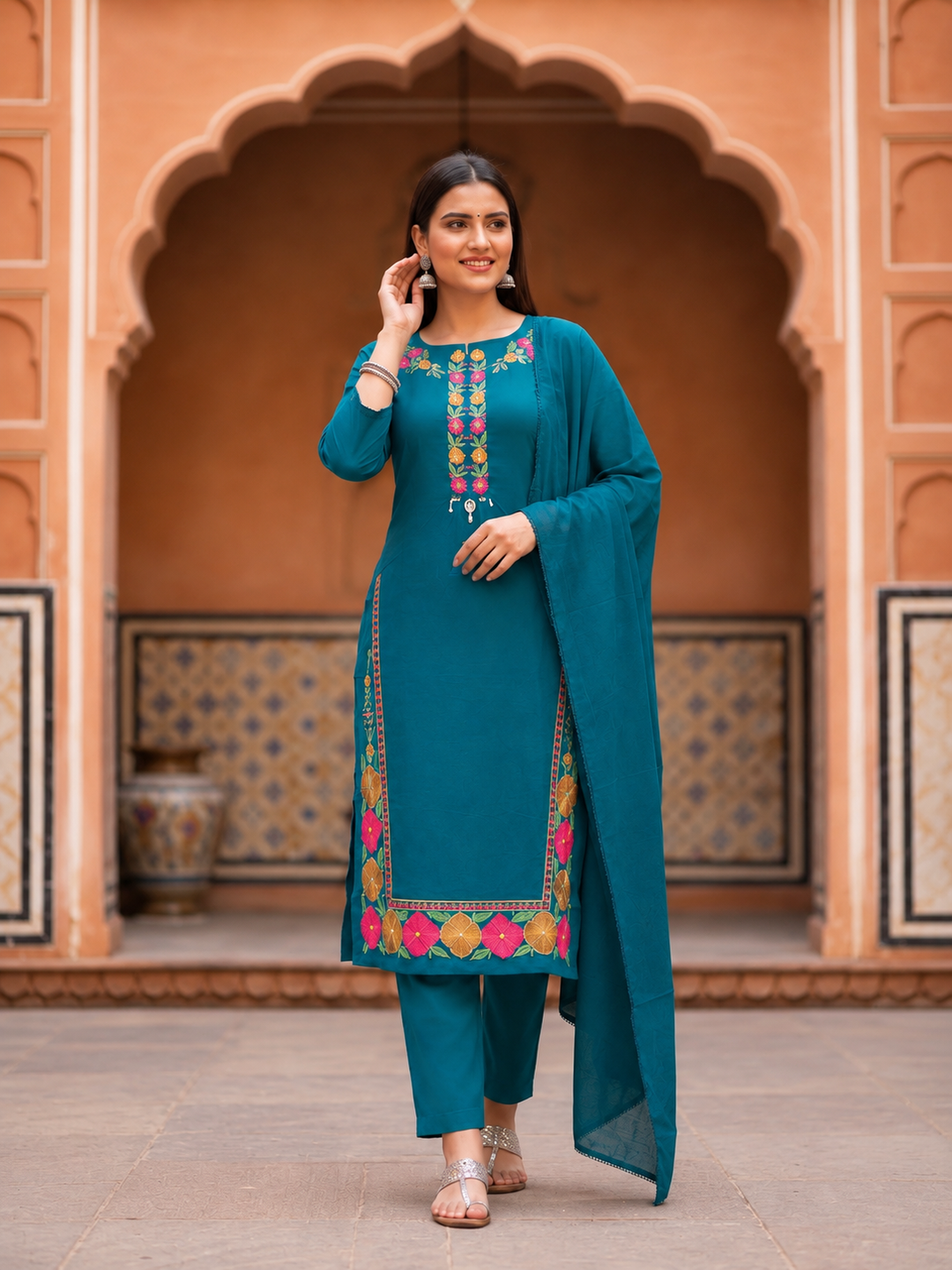 Teal Cotton Kurta Set with Floral Thread Embroidery, Pant & Dupatta