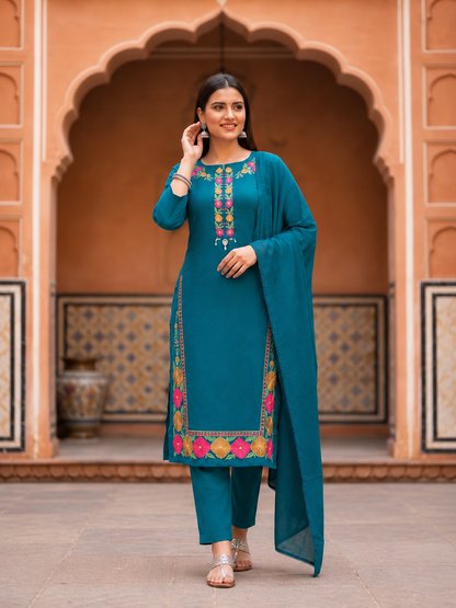 Teal Cotton Kurta Set with Floral Thread Embroidery, Pant & Dupatta