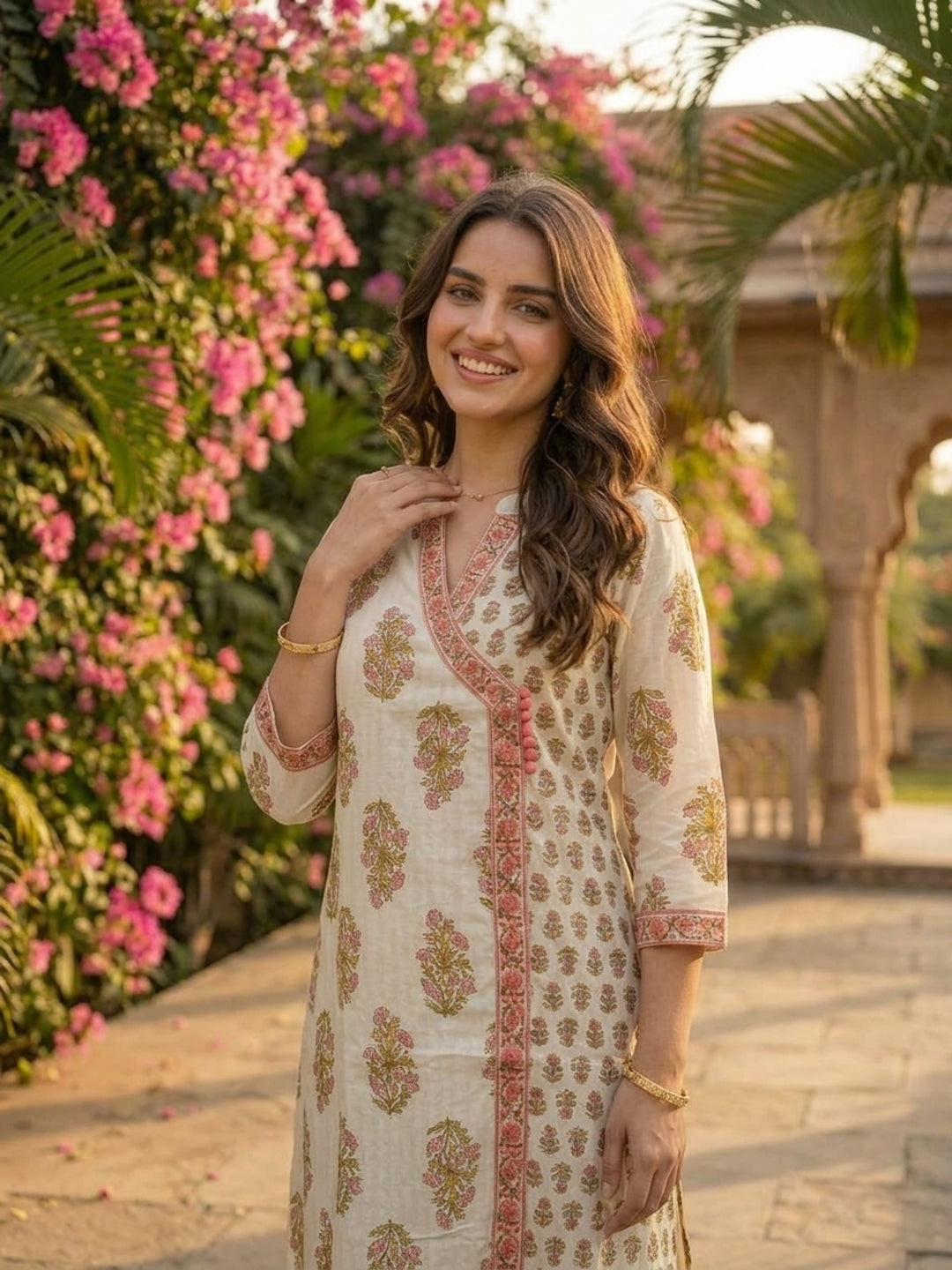 Pink Floral Cotton Kurta Set with Sequin & Mirror Work, Palazzo & Printed Dupatta