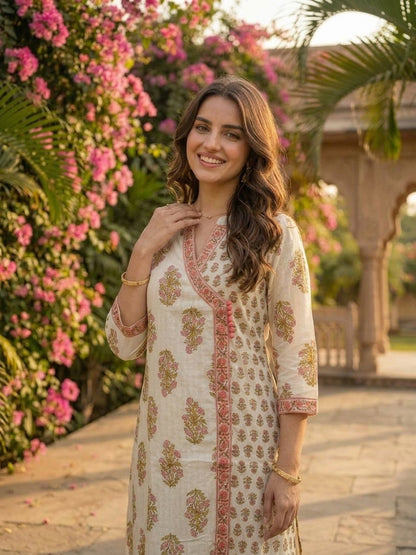 Pink Floral Cotton Kurta Set with Sequin & Mirror Work, Palazzo & Printed Dupatta