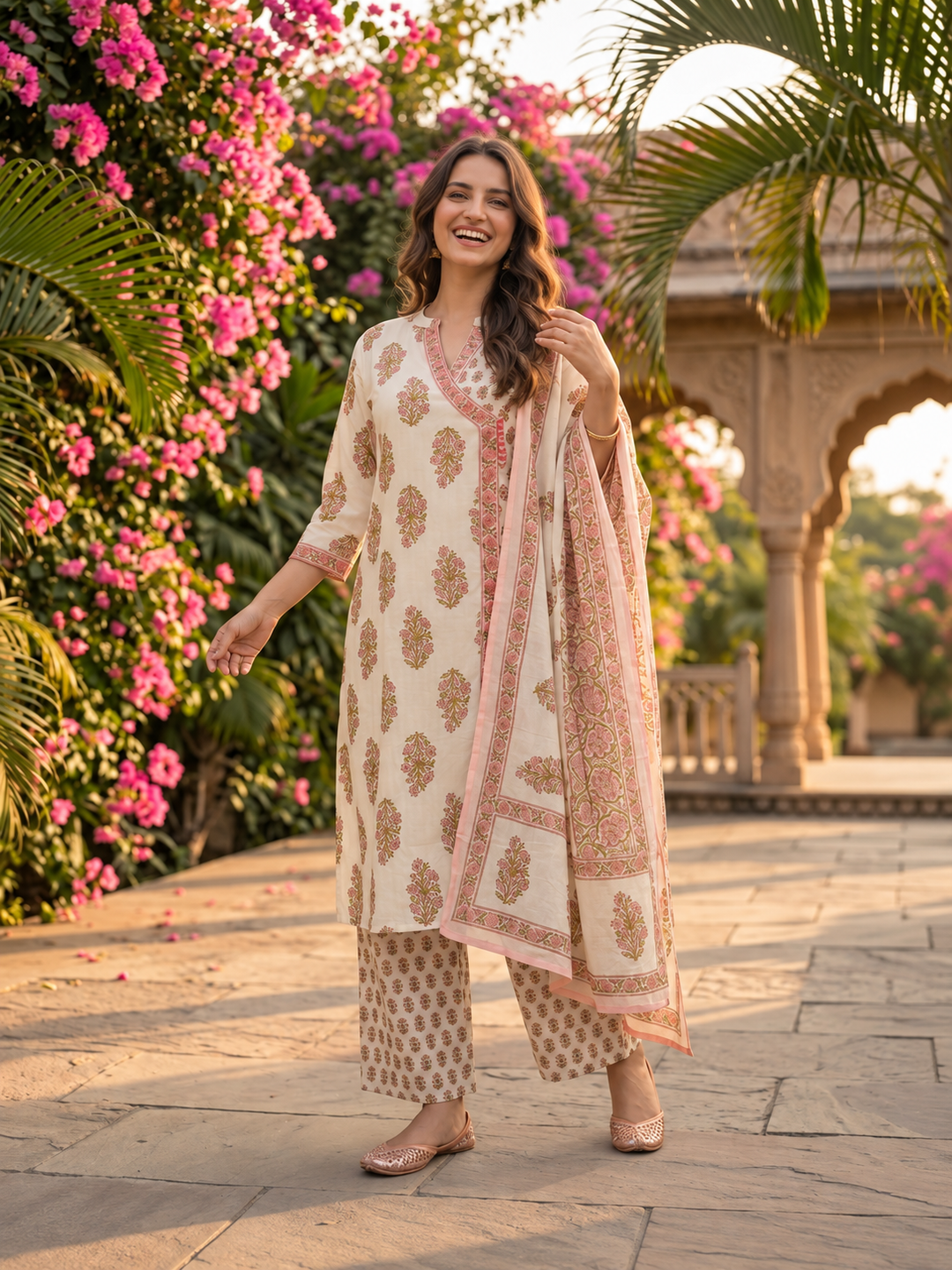 Pink Floral Cotton Kurta Set with Sequin & Mirror Work, Palazzo & Printed Dupatta