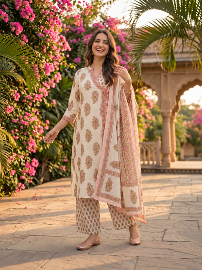 Pink Floral Cotton Kurta Set with Sequin & Mirror Work, Palazzo & Printed Dupatta