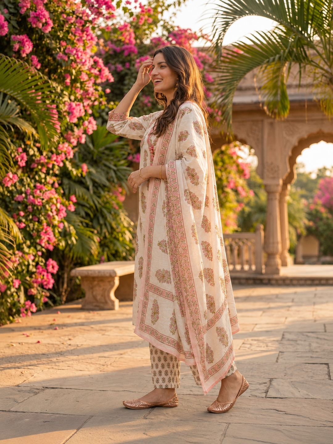 Pink Floral Cotton Kurta Set with Sequin & Mirror Work, Palazzo & Printed Dupatta