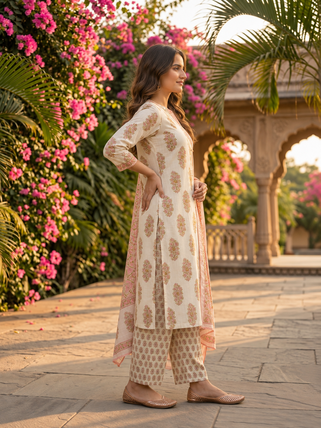 Pink Floral Cotton Kurta Set with Sequin & Mirror Work, Palazzo & Printed Dupatta