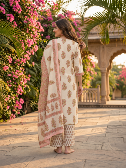 Pink Floral Cotton Kurta Set with Sequin & Mirror Work, Palazzo & Printed Dupatta