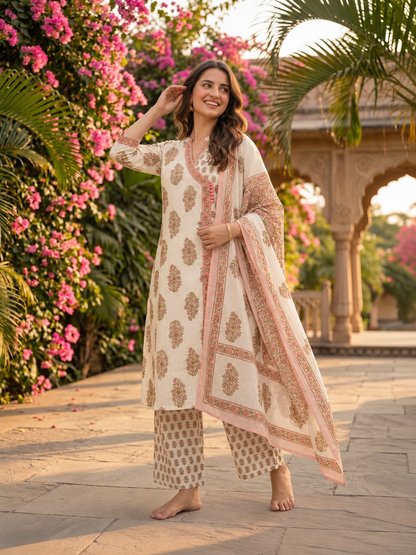 Pink Floral Cotton Kurta Set with Sequin & Mirror Work, Palazzo & Printed Dupatta