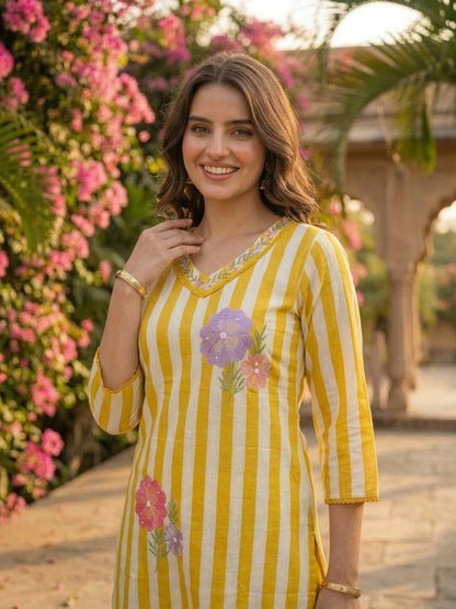 Yellow Striped Cotton Kurta Set with Floral Embroidery & Lace, Palazzo & Dupatta