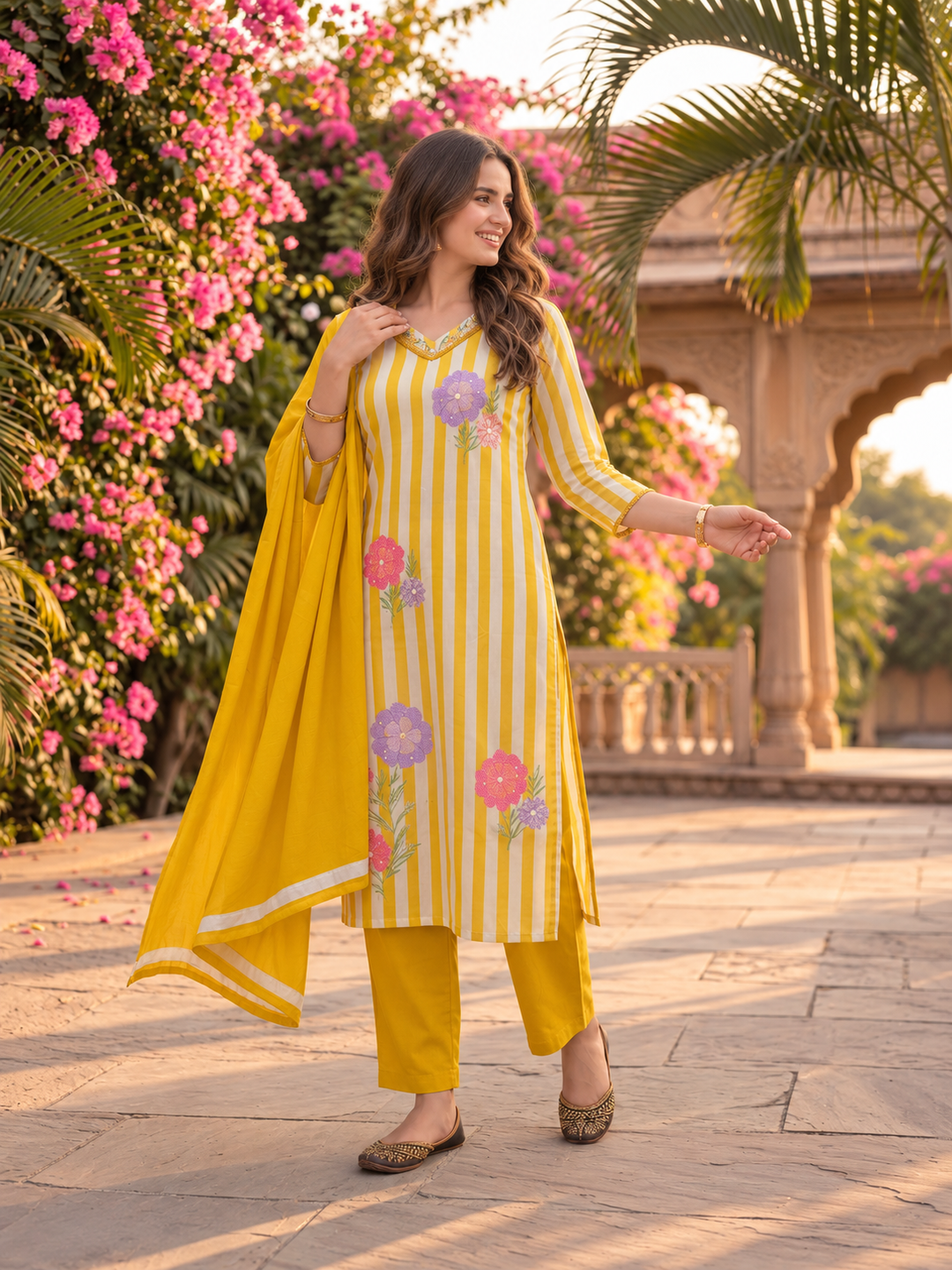 Yellow Striped Cotton Kurta Set with Floral Embroidery & Lace, Palazzo & Dupatta