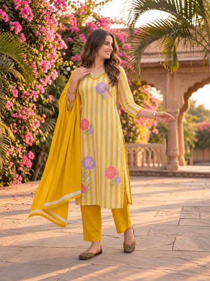 Yellow Striped Cotton Kurta Set with Floral Embroidery & Lace, Palazzo & Dupatta