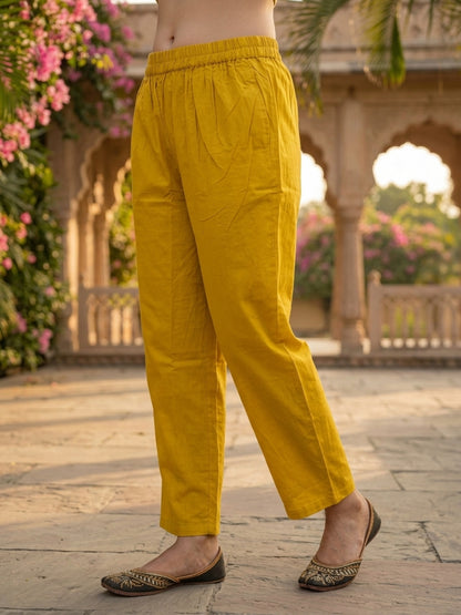 Yellow Striped Cotton Kurta Set with Floral Embroidery & Lace, Palazzo & Dupatta
