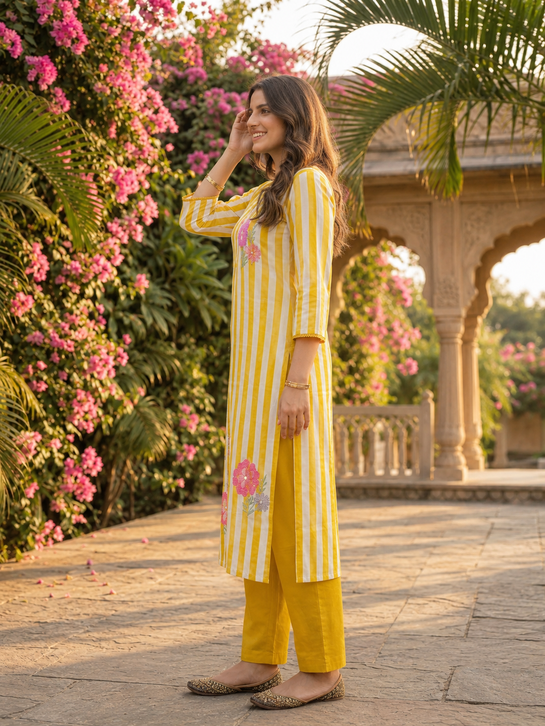 Yellow Striped Cotton Kurta Set with Floral Embroidery & Lace, Palazzo & Dupatta