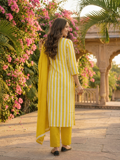 Yellow Striped Cotton Kurta Set with Floral Embroidery & Lace, Palazzo & Dupatta