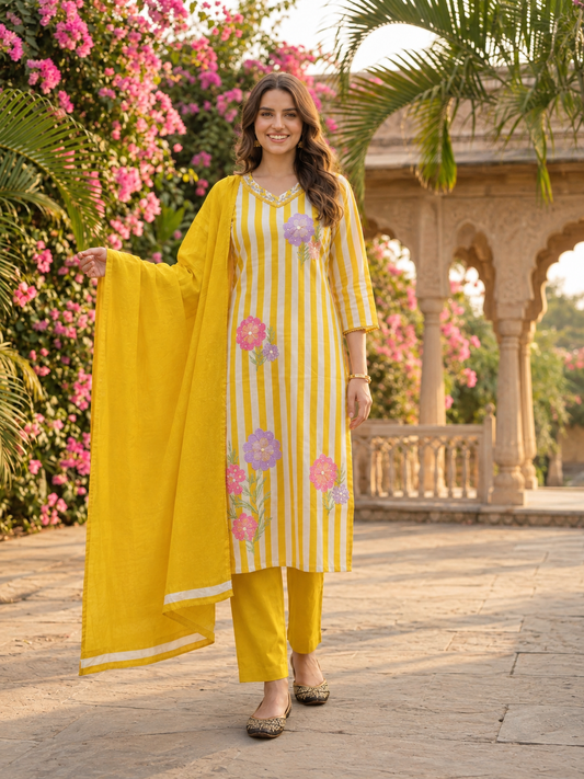 Yellow Striped Cotton Kurta Set with Floral Embroidery & Lace, Palazzo & Dupatta