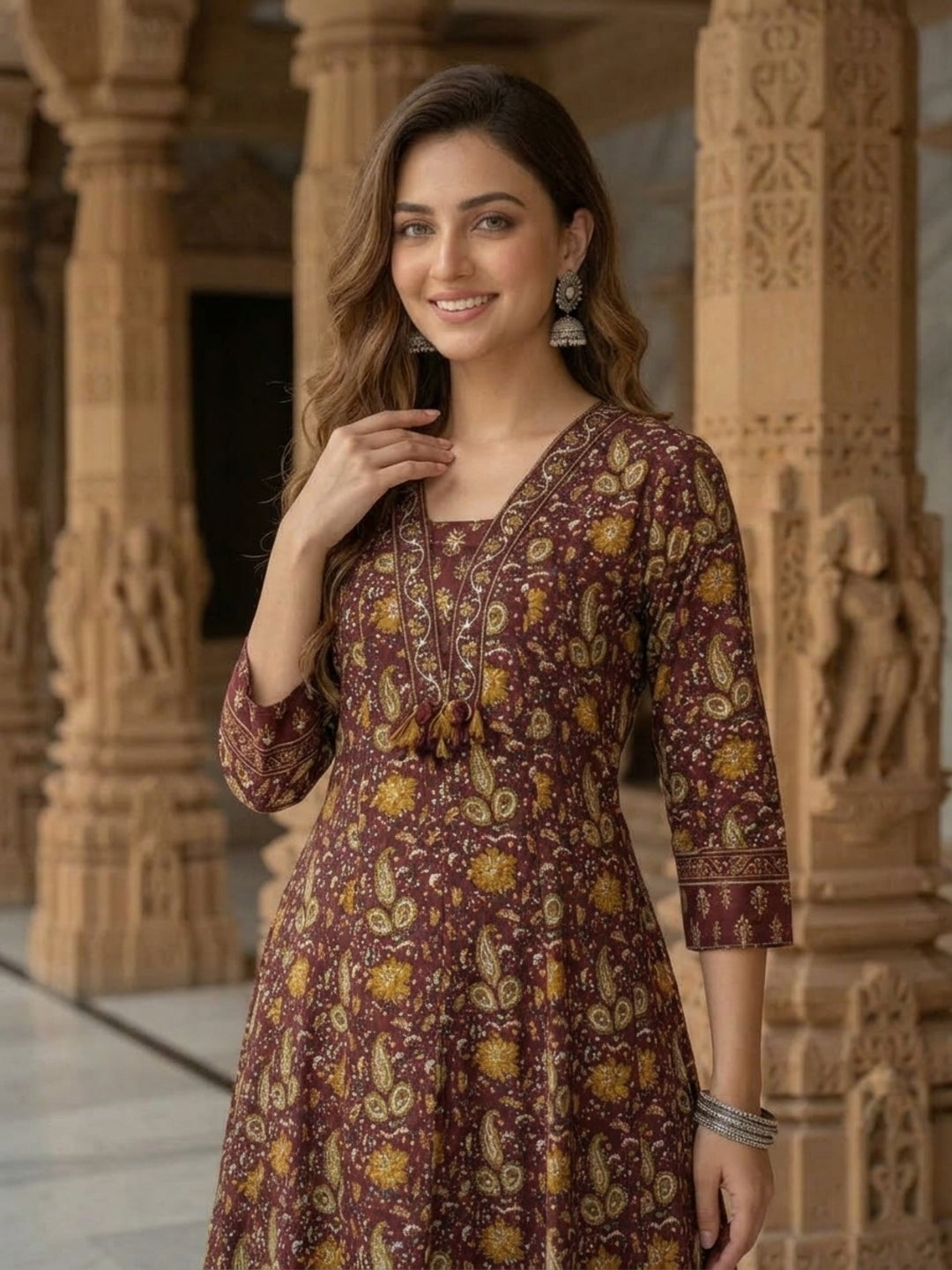 Burgundy Floral Cotton Anarkali Set with Mirror, Thread & Zari Embroidery, Pant & Dupatta