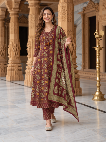 Burgundy Floral Cotton Anarkali Set with Mirror, Thread & Zari Embroidery, Pant & Dupatta