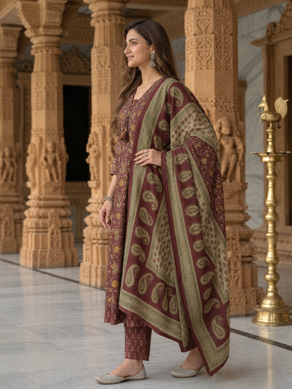 Burgundy Floral Cotton Anarkali Set with Mirror, Thread & Zari Embroidery, Pant & Dupatta