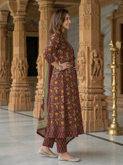Burgundy Floral Cotton Anarkali Set with Mirror, Thread & Zari Embroidery, Pant & Dupatta