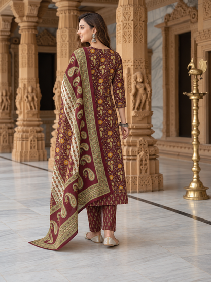 Burgundy Floral Cotton Anarkali Set with Mirror, Thread & Zari Embroidery, Pant & Dupatta