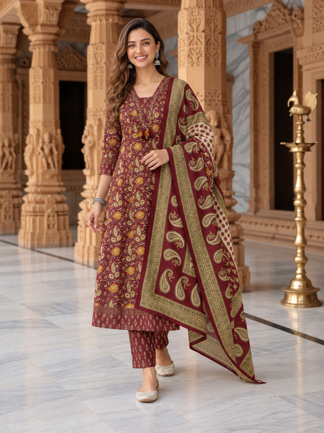 Burgundy Floral Cotton Anarkali Set with Mirror, Thread & Zari Embroidery, Pant & Dupatta