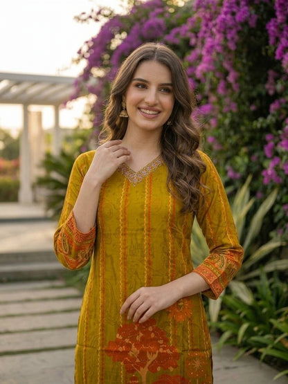 Olive Green Floral Printed Kurta Set with Shantoon Pant & Printed Dupatta