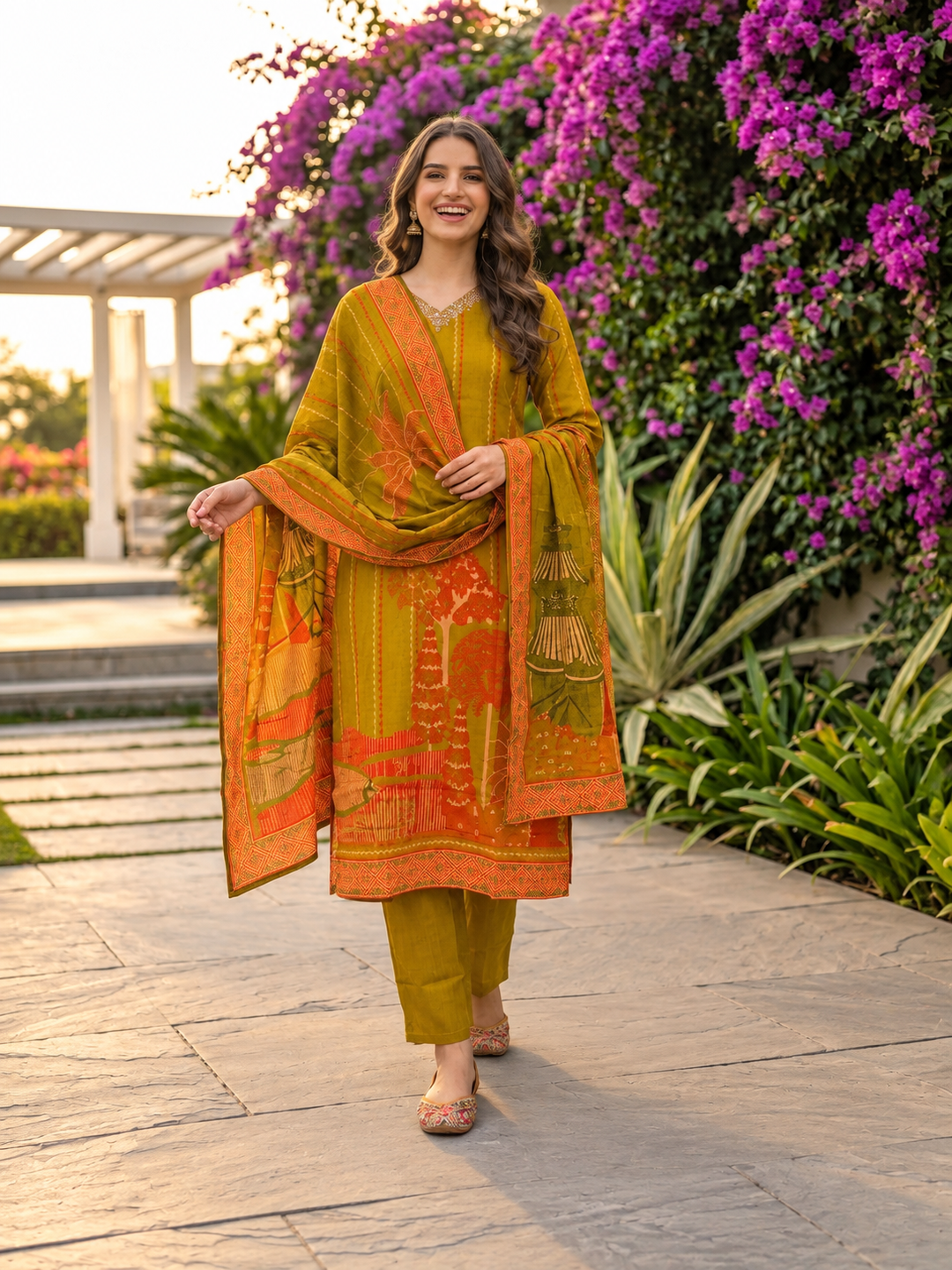 Olive Green Floral Printed Kurta Set with Shantoon Pant & Printed Dupatta