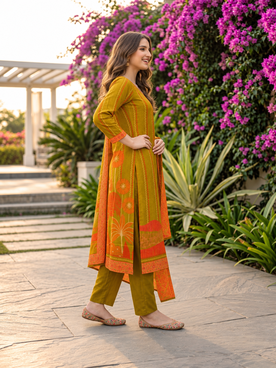 Olive Green Floral Printed Kurta Set with Shantoon Pant & Printed Dupatta