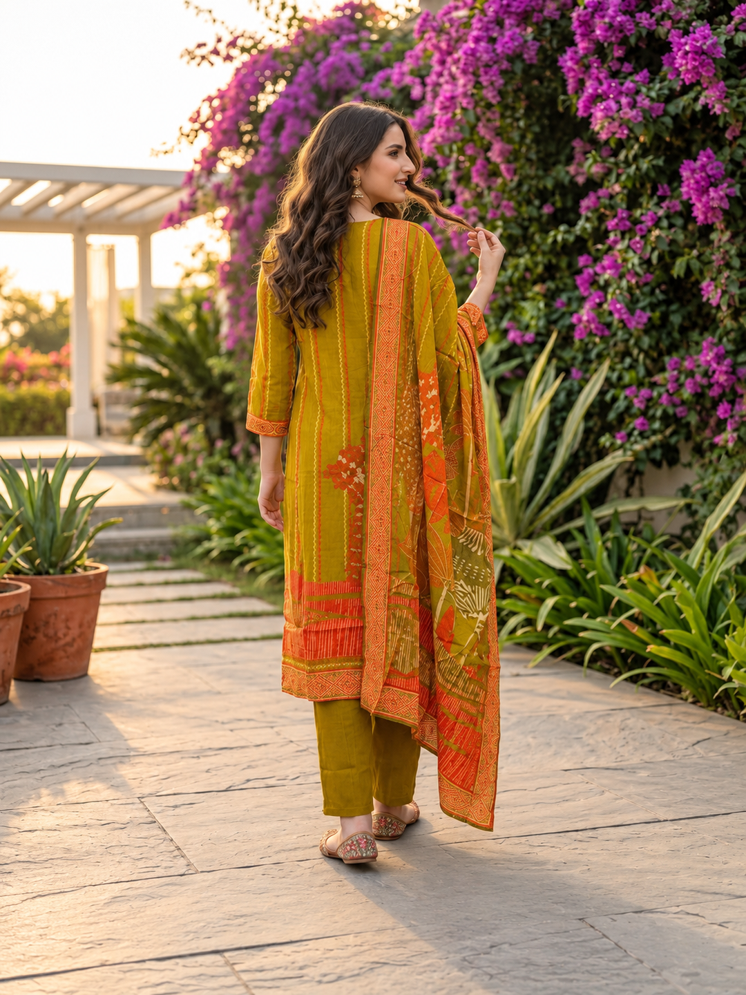 Olive Green Floral Printed Kurta Set with Shantoon Pant & Printed Dupatta