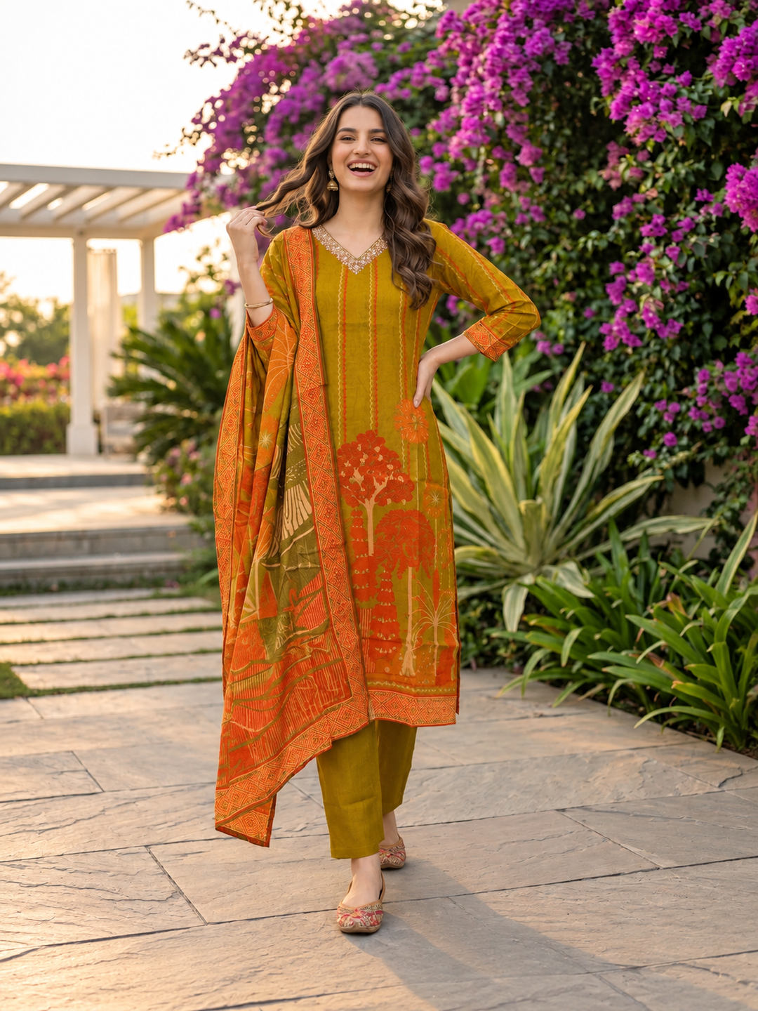 Olive Green Floral Printed Kurta Set with Shantoon Pant & Printed Dupatta
