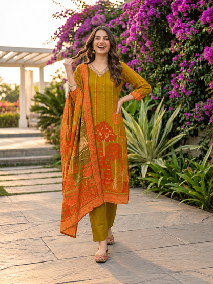 Olive Green Floral Printed Kurta Set with Shantoon Pant & Printed Dupatta