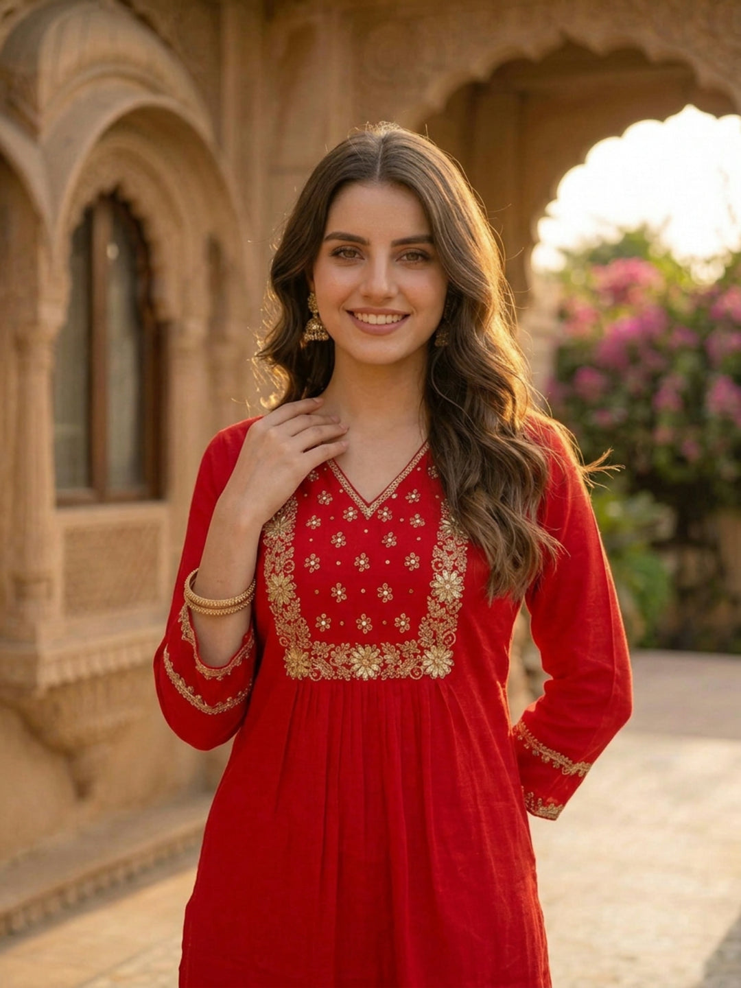 Red Silk Kurta Set with Hand Embroidery, Palazzo & Dupatta