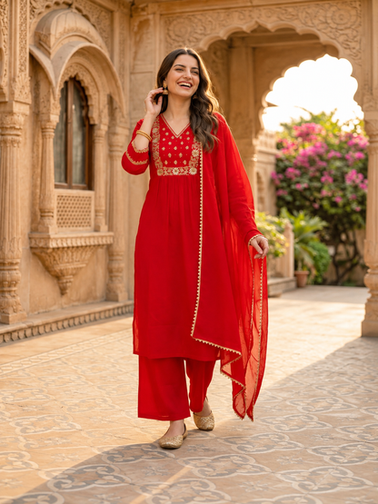 Red Silk Kurta Set with Hand Embroidery, Palazzo & Dupatta