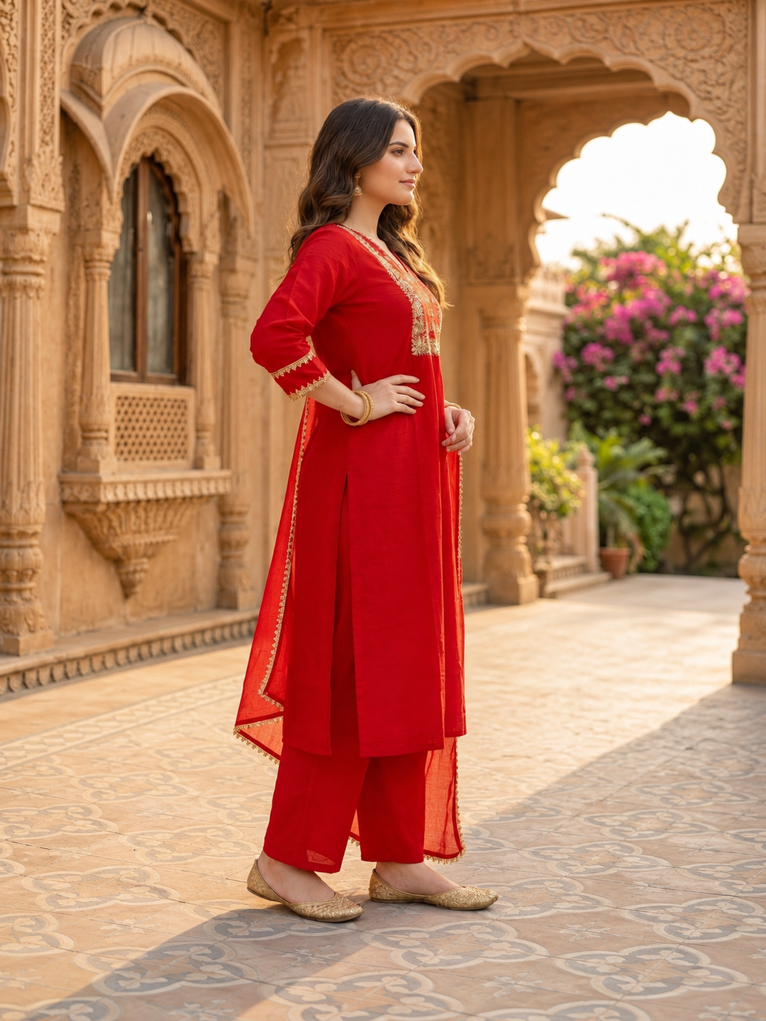 Red Silk Kurta Set with Hand Embroidery, Palazzo & Dupatta