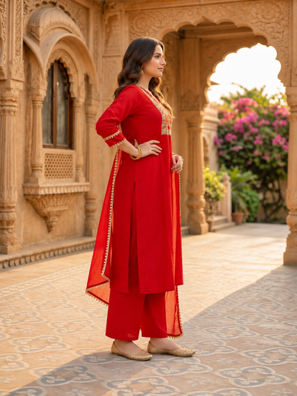 Red Silk Kurta Set with Hand Embroidery, Palazzo & Dupatta