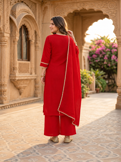 Red Silk Kurta Set with Hand Embroidery, Palazzo & Dupatta