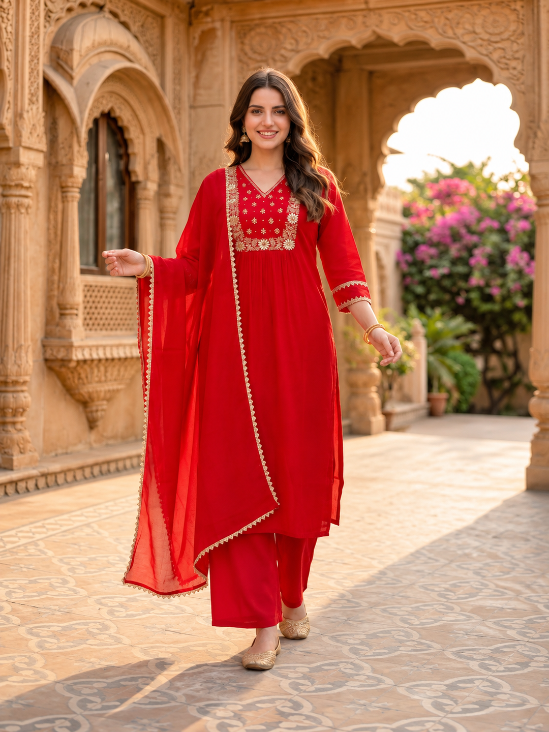 Red Silk Kurta Set with Hand Embroidery, Palazzo & Dupatta