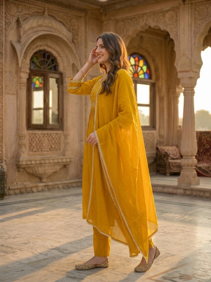 Mustard Yellow Chanderi Silk Kurta Set with Gota Patti & Embroidery, Palazzo & Dupatta