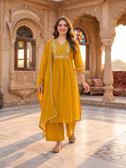 Mustard Yellow Chanderi Silk Kurta Set with Gota Patti & Embroidery, Palazzo & Dupatta