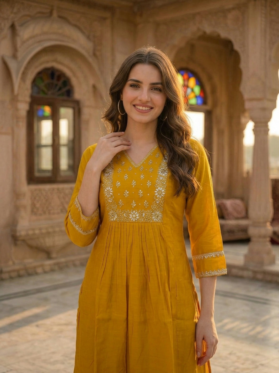 Mustard Yellow Chanderi Silk Kurta Set with Gota Patti & Embroidery, Palazzo & Dupatta