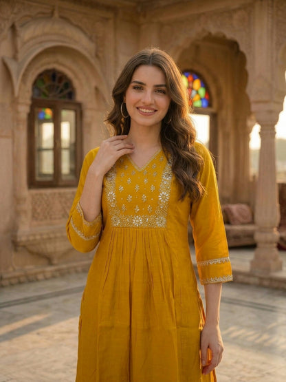 Mustard Yellow Chanderi Silk Kurta Set with Gota Patti & Embroidery, Palazzo & Dupatta
