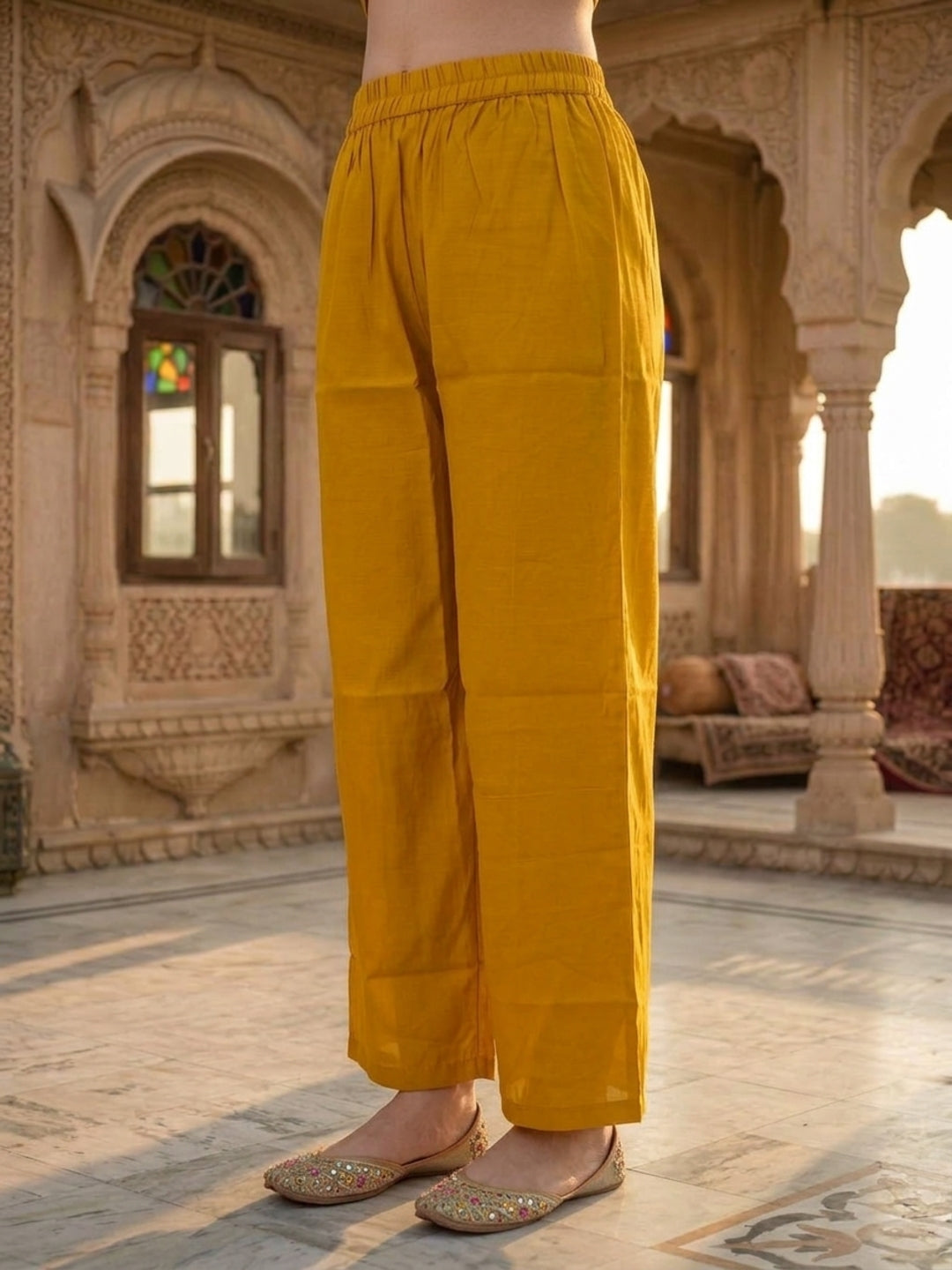 Mustard Yellow Chanderi Silk Kurta Set with Gota Patti & Embroidery, Palazzo & Dupatta