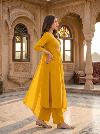Mustard Yellow Chanderi Silk Kurta Set with Gota Patti & Embroidery, Palazzo & Dupatta