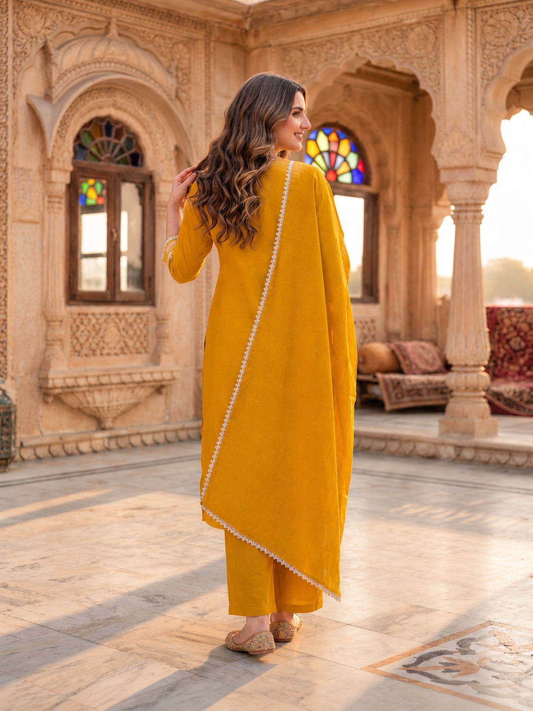 Mustard Yellow Chanderi Silk Kurta Set with Gota Patti & Embroidery, Palazzo & Dupatta