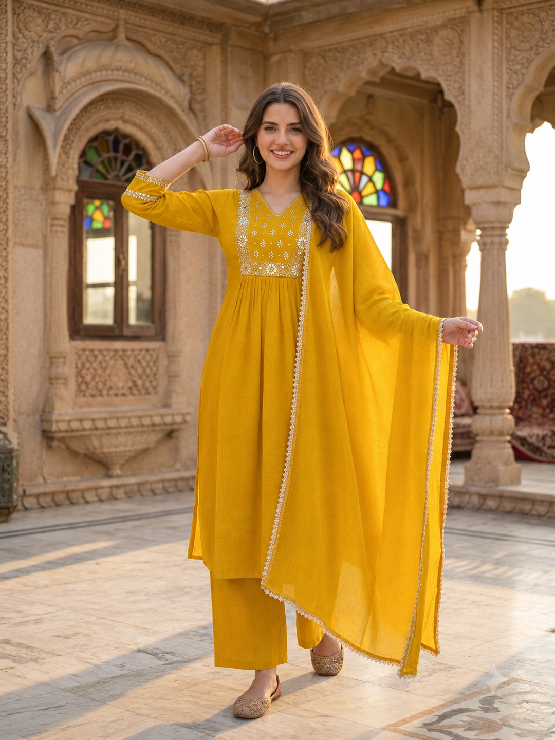 Mustard Yellow Chanderi Silk Kurta Set with Gota Patti & Embroidery, Palazzo & Dupatta