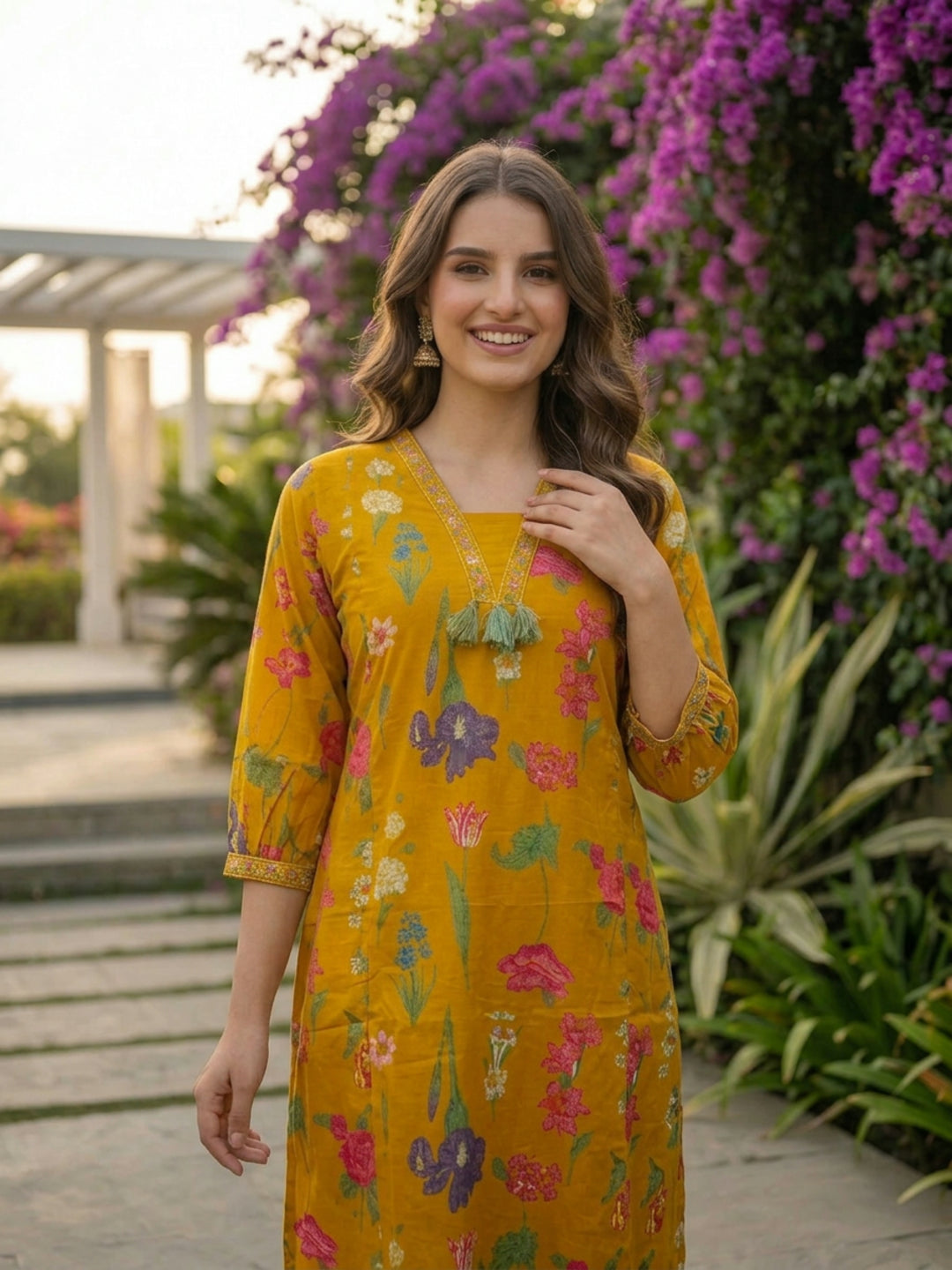 Mustard Yellow Floral Cotton Kurta Set with Thread & Sequin Embroidery, Pant & Printed Dupatta