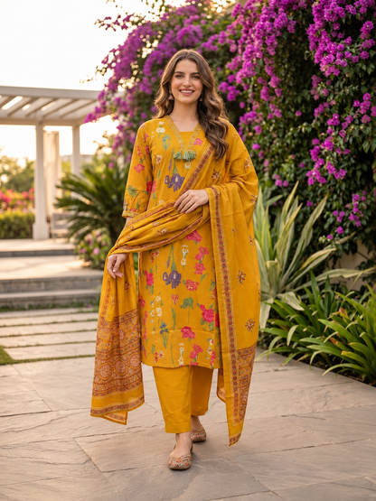Mustard Yellow Floral Cotton Kurta Set with Thread & Sequin Embroidery, Pant & Printed Dupatta