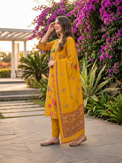 Mustard Yellow Floral Cotton Kurta Set with Thread & Sequin Embroidery, Pant & Printed Dupatta