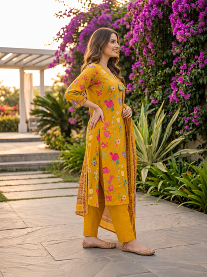Mustard Yellow Floral Cotton Kurta Set with Thread & Sequin Embroidery, Pant & Printed Dupatta