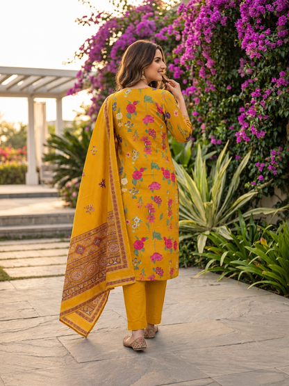 Mustard Yellow Floral Cotton Kurta Set with Thread & Sequin Embroidery, Pant & Printed Dupatta